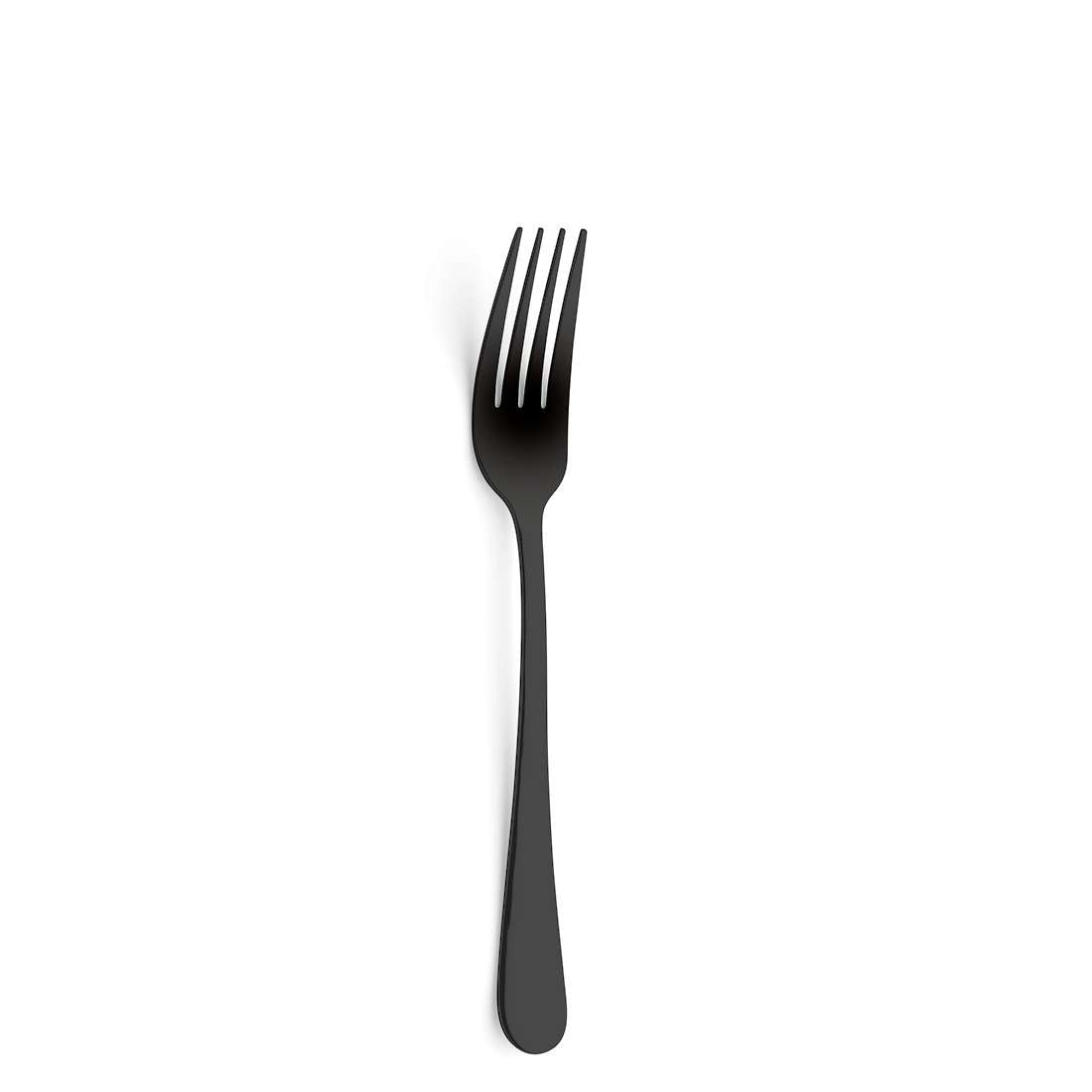 Eine einzelne Gabel aus dem DELIA Besteckset 30-teilig PVD schwarz von Kuppels Home, aus Edelstahl 18/0 mit vier Zinken, steht mittig auf einem schlichten weißen Hintergrund.