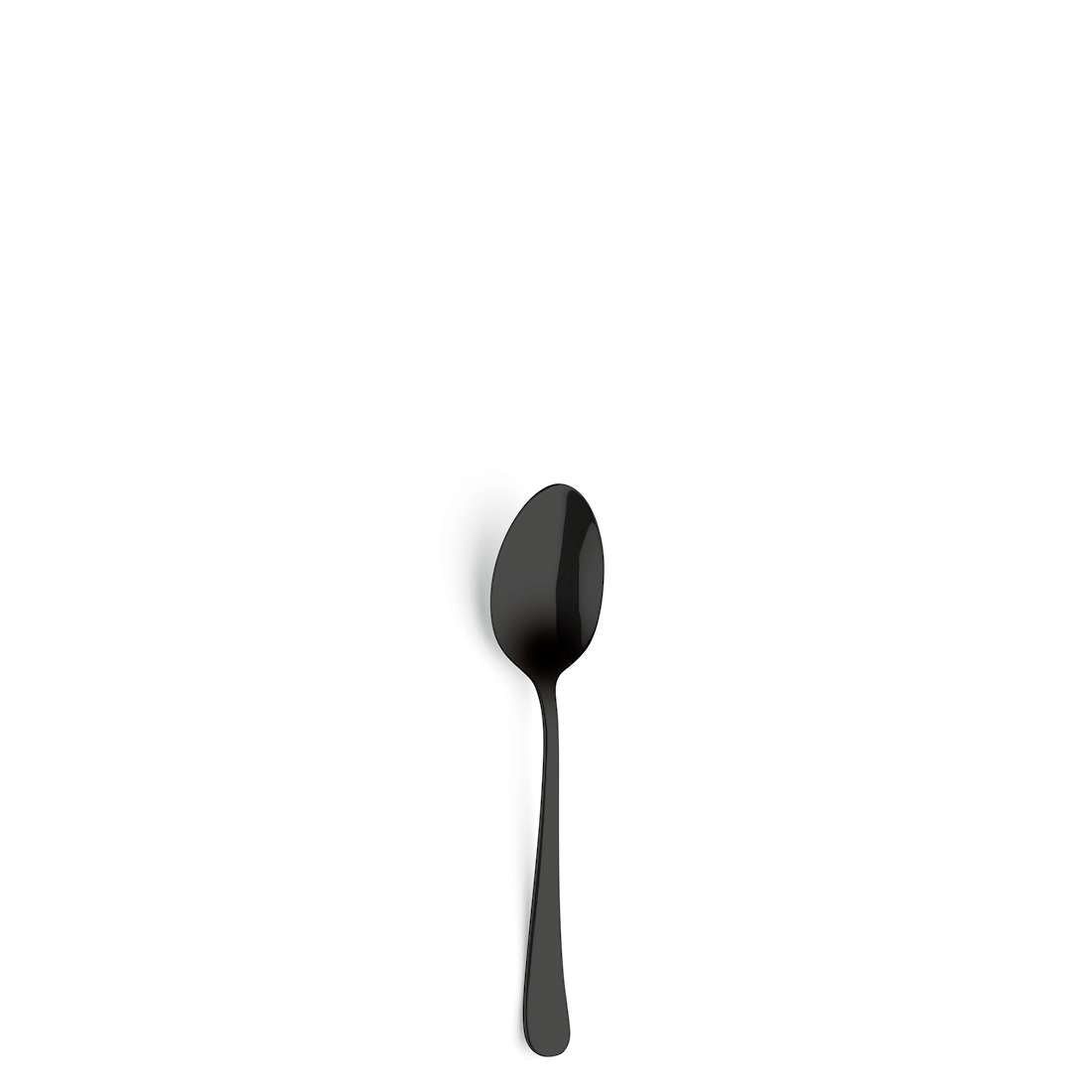 Ein einzelner schwarzer Löffel aus dem DELIA Besteckset 30-teilig PVD schwarz von Kuppels Home, hergestellt aus Edelstahl 18/0, steht mittig auf einem einfarbig weißen Hintergrund mit einem schwachen Schatten nach links.