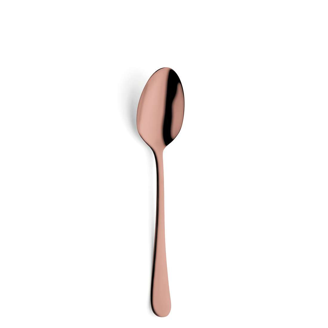 Ein einzelner DELIA Besteckset 30-teilig PVD rosé Löffel von Kuppels Home, hergestellt aus Edelstahl 18/0 mit einer glänzenden Roségoldoberfläche, ist auf einem schlichten weißen Hintergrund zentriert und wirft einen schwachen Schatten nach links.