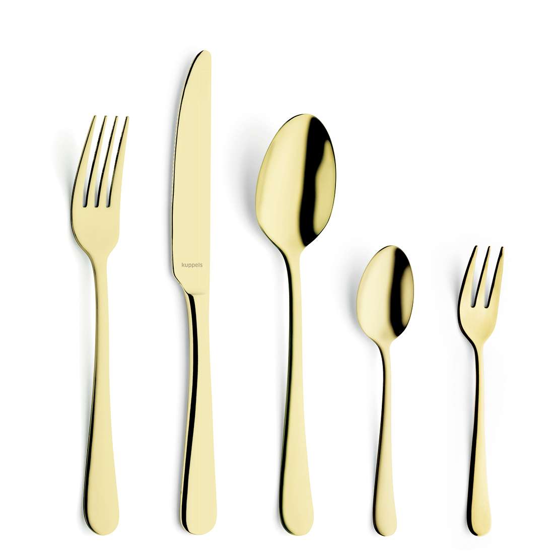 Das Kuppels Home DELIA Besteckset 30-teilig PVD champagner besteht aus fünf goldfarbenen Utensilien - Essgabel, Messer, Suppenlöffel, Teelöffel und Salatgabel - in modernem Design und eleganter Ausführung auf weißem Grund.