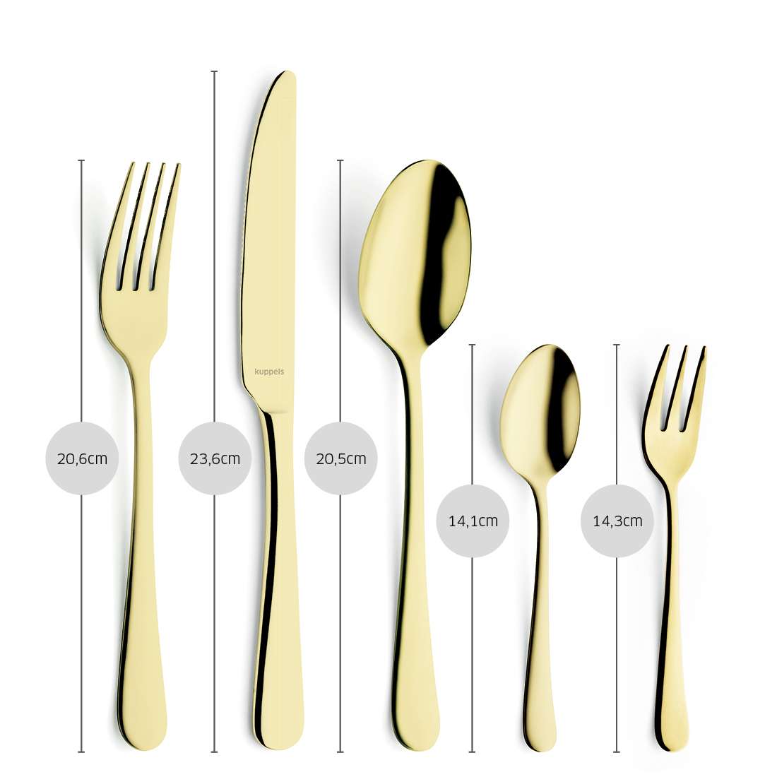 Das 30-teilige DELIA Besteckset von Kuppels Home besteht aus goldfarbenen Utensilien in moderner PVD-Champagner-Beschichtung, die nebeneinander auf weißem Hintergrund abgebildet und nach Länge beschriftet sind. Das moderne Design überzeugt stilvoll.