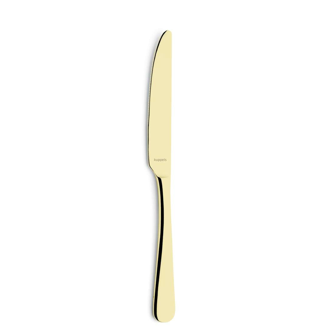 Das DELIA Besteckset 30-teilig PVD champagner von Kuppels Home ist ein goldfarbenes Tafelmesser mit einer glatten, abgerundeten Klinge und einem schlichten, eleganten Griff, der senkrecht auf weißem Grund abgebildet ist, um das moderne Design zu unterstreichen.