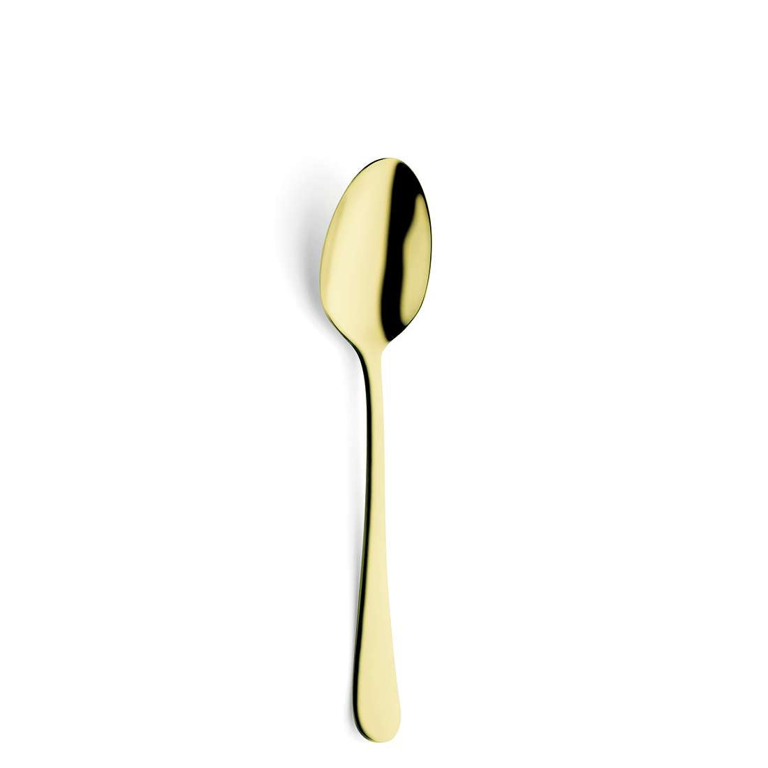 Der elegante Goldlöffel aus dem Kuppels Home DELIA Besteckset 30-teilig PVD champagner mit glattem Griff und ovaler Schale steht aufrecht auf einem schlichten weißen Hintergrund.