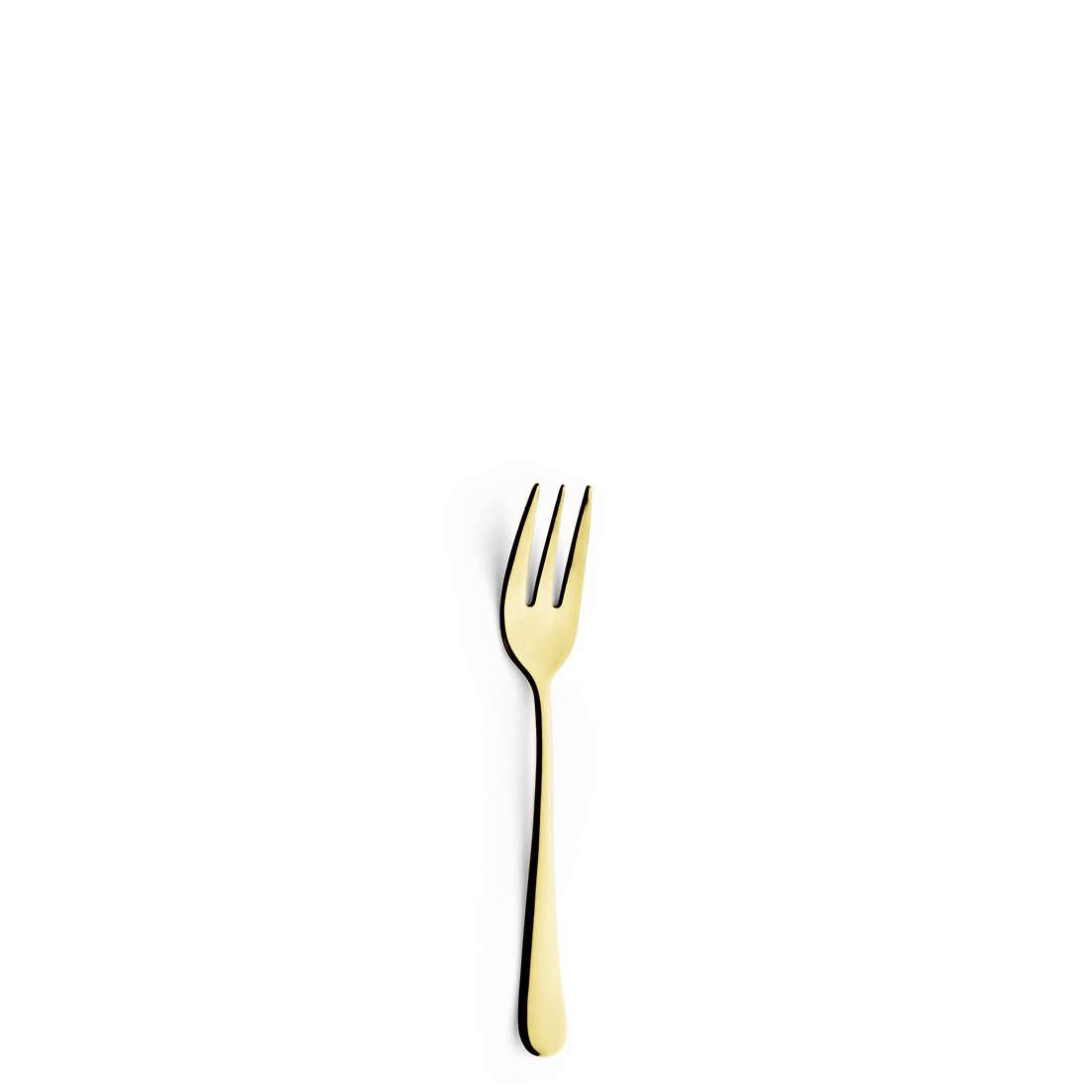 Eine einzelne goldfarbene Gabel aus dem DELIA Besteckset 30-teilig PVD champagner von Kuppels Home mit modernem Design und drei Zinken steht mittig auf einem schlichten weißen Hintergrund.