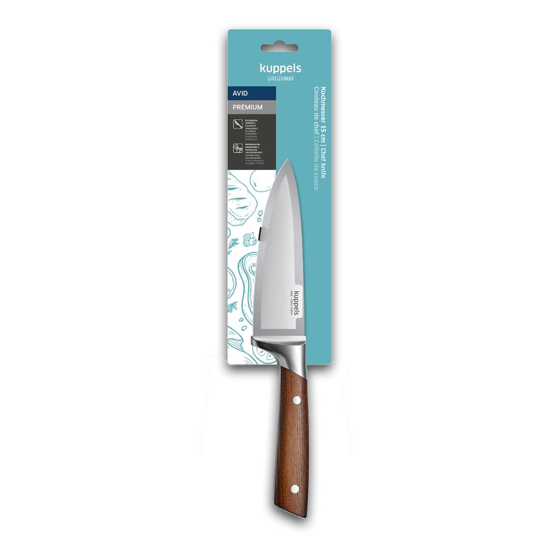 Das AVID Kochmesser 6" von Kuppels hat eine scharfe silberne Klinge und einen Eschenholzgriff, verpackt auf einer blau-weißen Kuppels-Karte mit Produktdetails und kulinarischen Illustrationen.