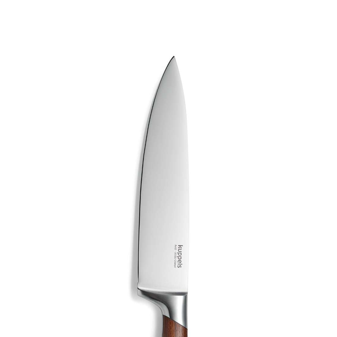 Das Kuppels AVID Kochmesser 8" aus hochwertigem 50CrMoV15-Klingenstahl mit einem eleganten Griff aus Eschenholz wird vor einem schlichten weißen Hintergrund präsentiert.