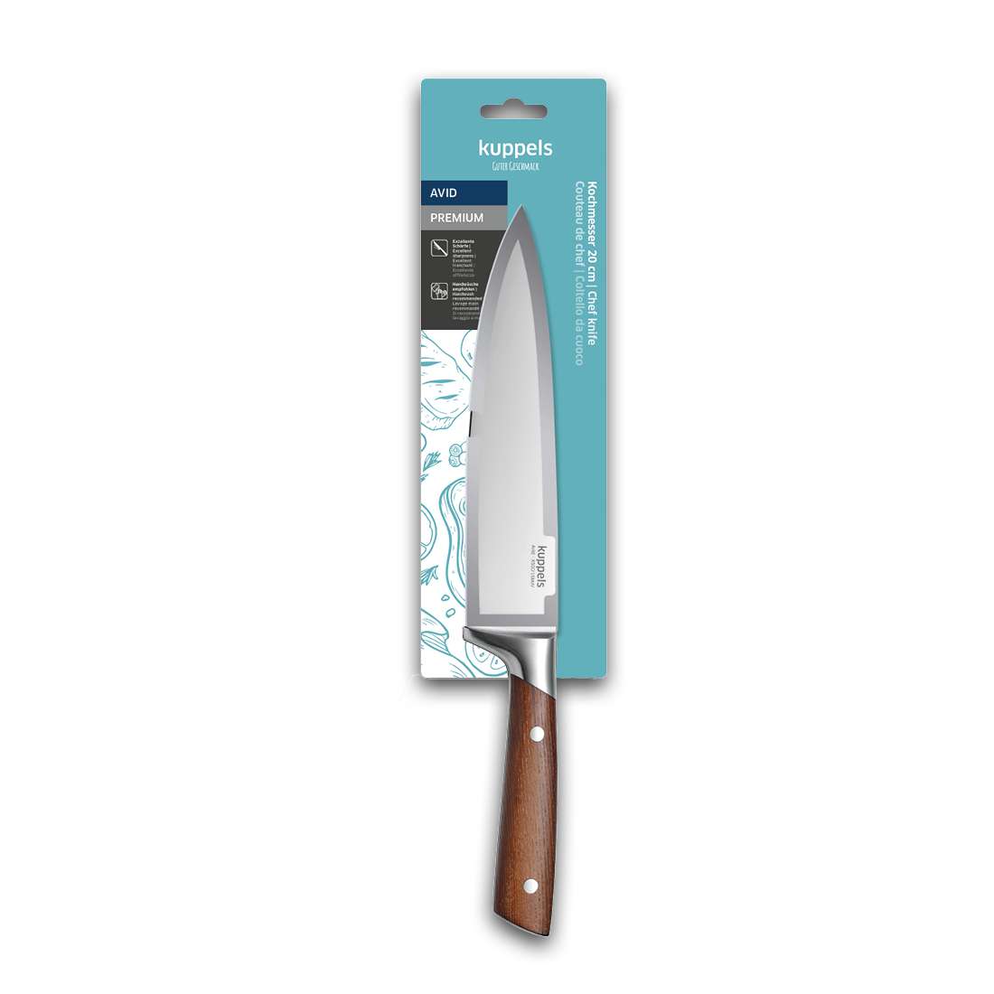 Das AVID Kochmesser 8" von Kuppels hat einen Eschenholzgriff und eine scharfe Klinge für präzises Schneiden. Die klare Verpackung ist teal mit weißen Designs; Markenname und Produktdetails sind in weißer Schrift abgebildet.