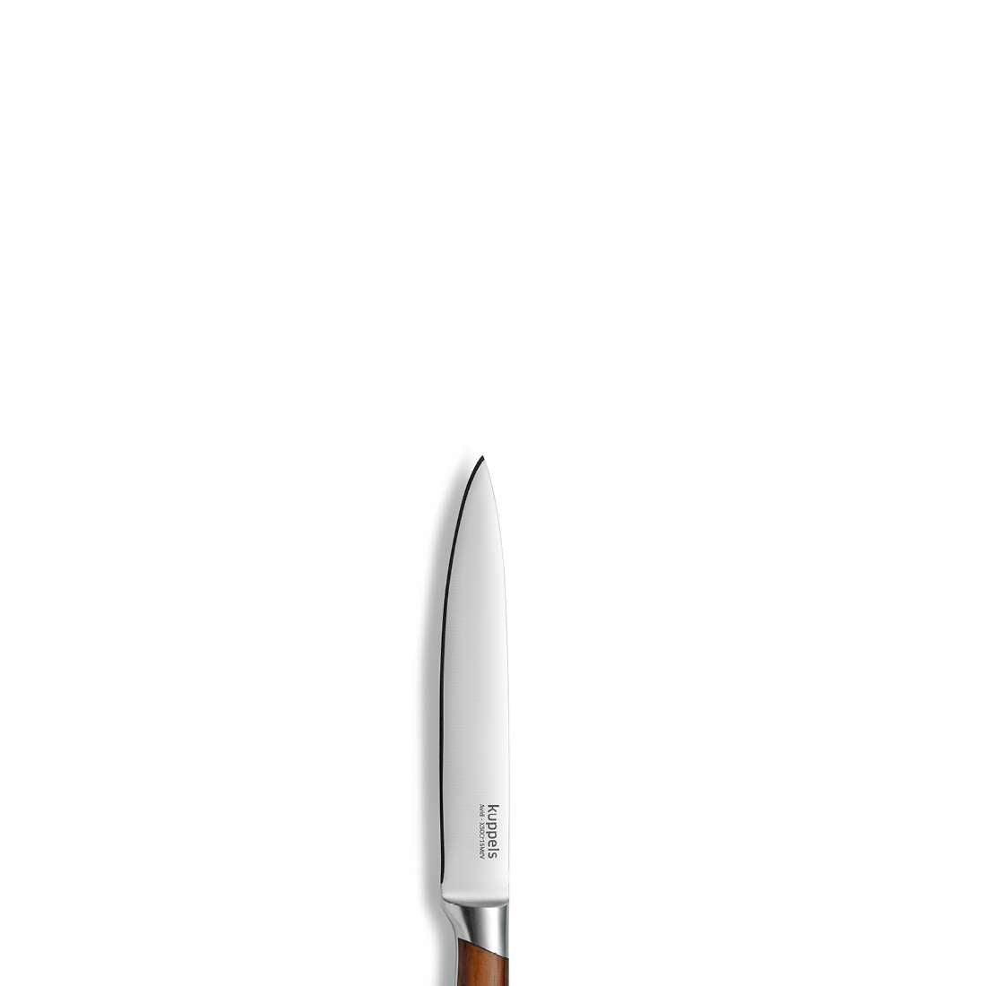 Das Kuppels AVID Allzweckmesser mit scharfer Klinge und elegantem Eschenholzgriff steht vertikal vor einem schlichten weißen Hintergrund.