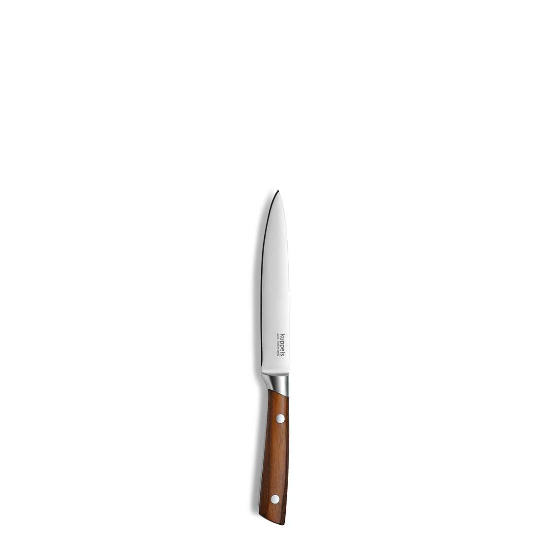 Das Kuppels AVID Allzweckmesser ist ein Allzweckmesser aus Edelstahl mit einer scharfen, polierten Klinge und einem Griff aus braunem Eschenholz, der mit zwei vertikal auf einem schlichten weißen Hintergrund dargestellten Metallnieten befestigt ist.