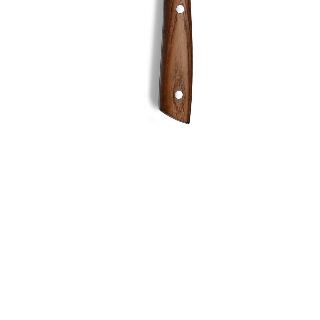 Oben rechts auf weißem Grund ist ein Eschenholzgriff mit zwei Metallnieten, vom Kuppels AVID Santokumesser 7" (Klingenstahl 50CrMoV15), abgebildet; Klinge und Rest des Messers sind nicht sichtbar.