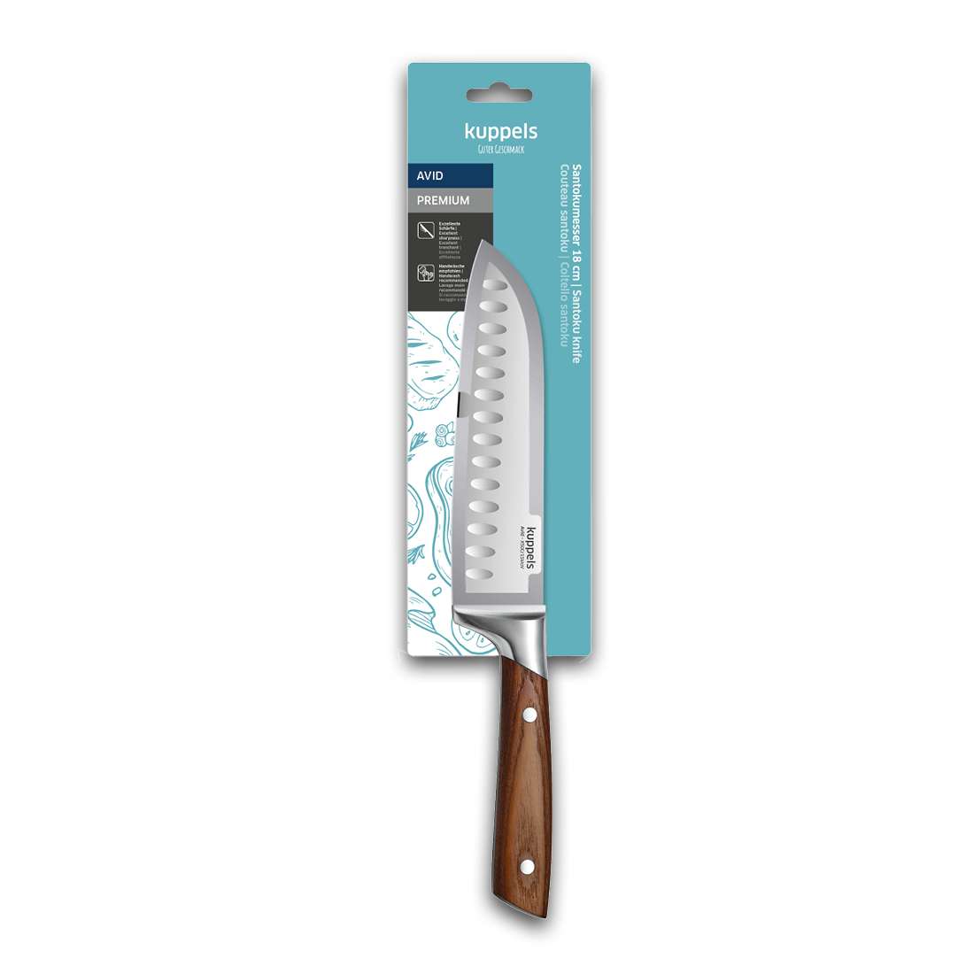 Das Kuppels AVID Santokumesser 7" hat eine 18 cm lange Klinge aus rostfreiem Stahl und einen Griff aus Eschenholz. Es wird in einer blau-weißen Avid Premium-Verpackung mit einem Küchenutensilien-Muster präsentiert.
