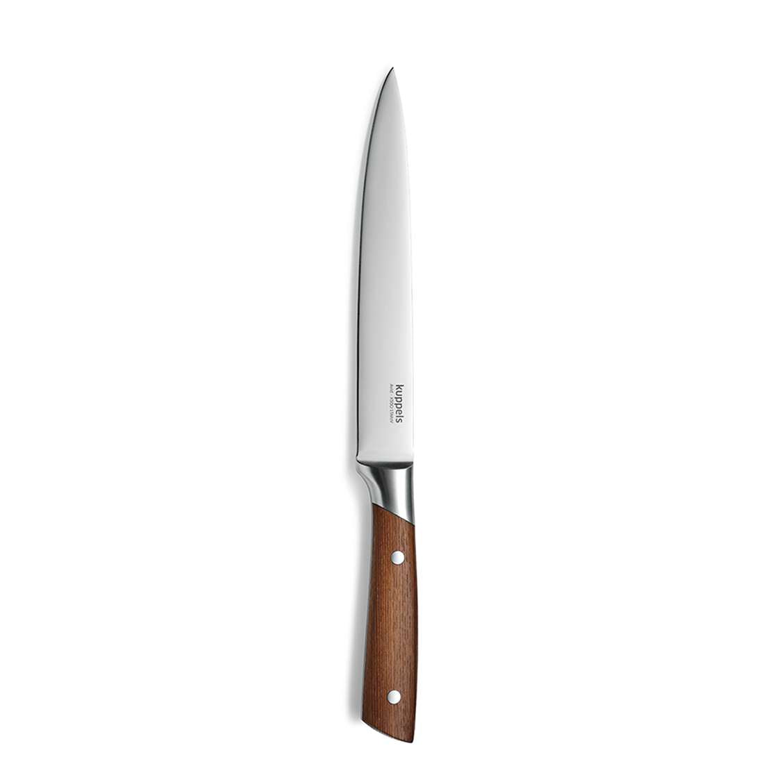 Das Kuppels AVID Tranchiermesser verfügt über eine glänzende Klinge aus 50CrMoV15-Stahl und einen Griff aus braunem Eschenholz vor weißem Hintergrund.