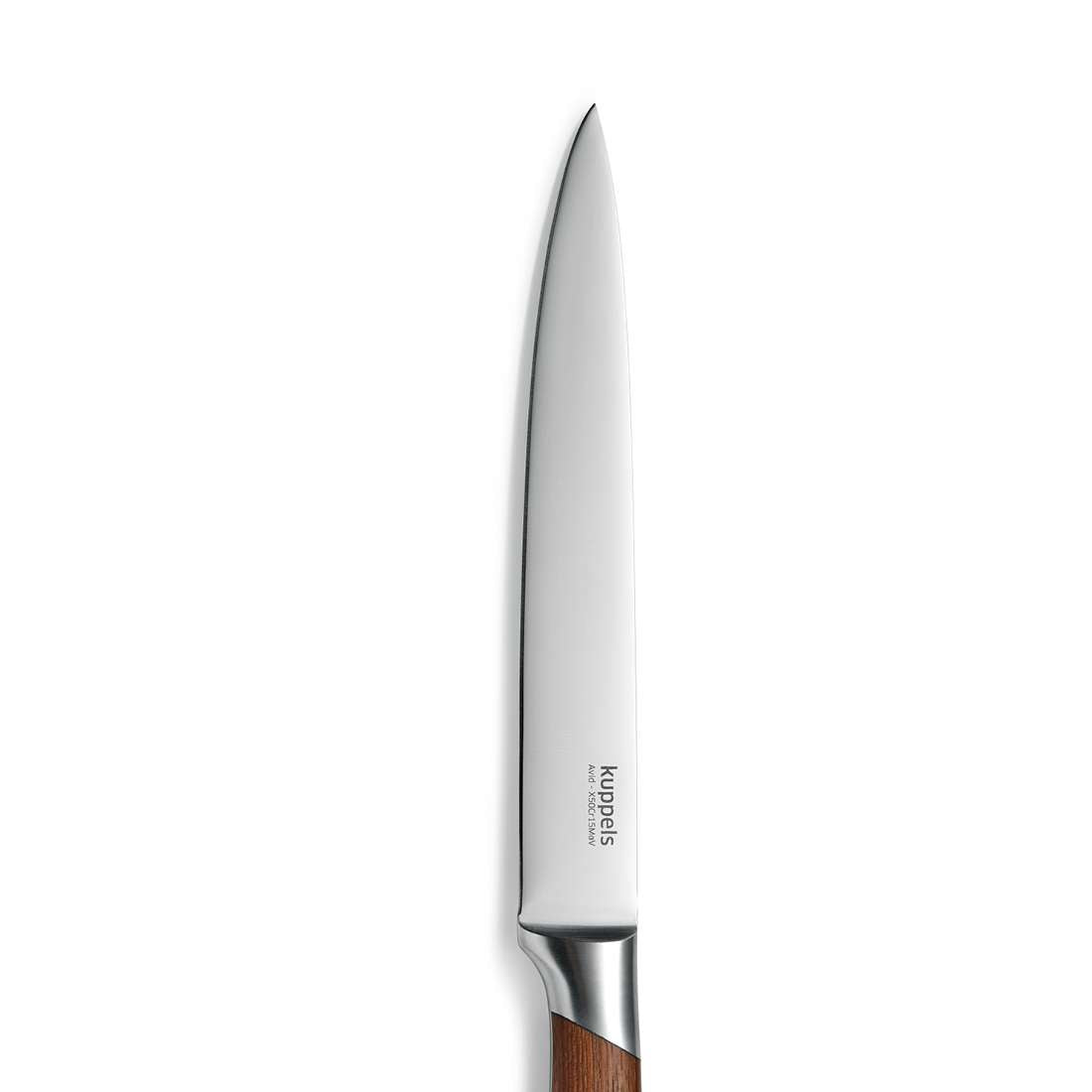 Das Kuppels AVID Tranchiermesser verfügt über eine scharfe Klinge aus rostfreiem 50CrMoV15-Stahl und einen stilvollen Griff aus Eschenholz auf weißem Hintergrund.
