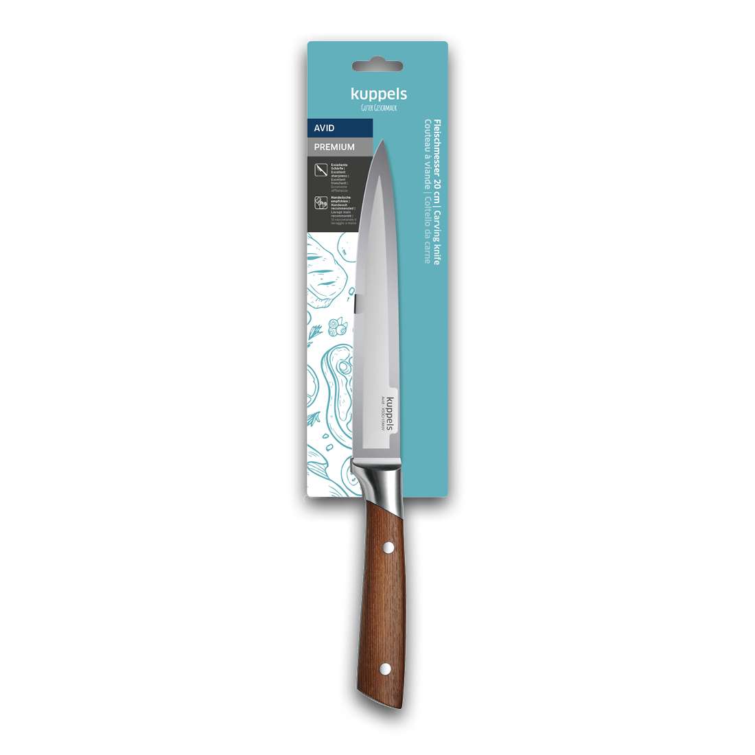 Ein AVID Tranchiermesser von Kuppels mit Eschenholzgriff und einer Klinge aus rostfreiem Stahl 50CrMoV15, verpackt auf blau-weißem Karton mit Markennamen und Produktangaben.