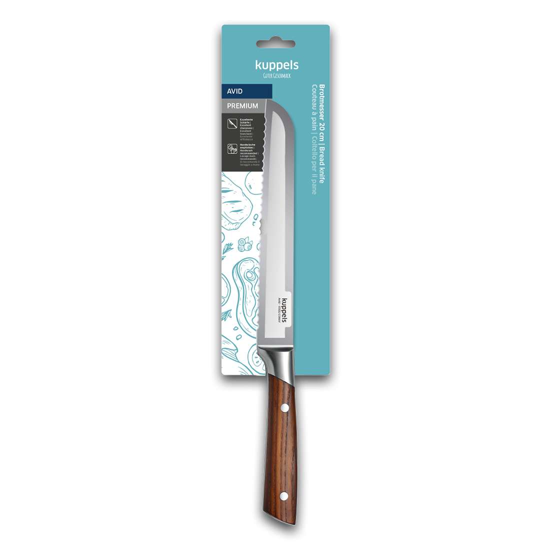 Das AVID Brotmesser von Kuppels mit Wellenschliffklinge und Eschenholzgriff wird in einer Markenverpackung vor einem Hintergrund mit Lebensmittelmotiven präsentiert. Die gezahnte Klinge schneidet das Brot mühelos.