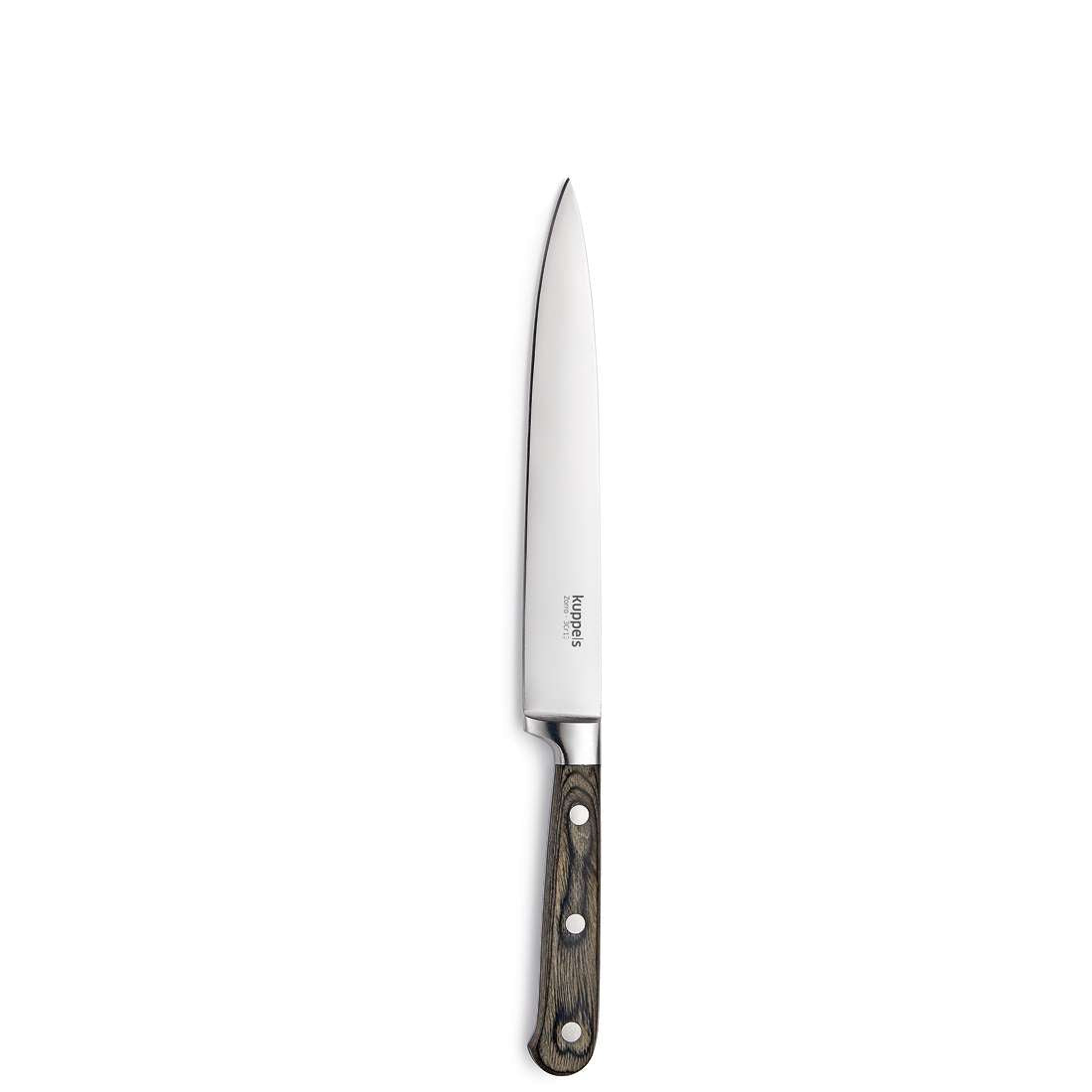 Der ZORRO Messerblock 5-teilig von Kuppels umfasst ein Küchenmesser mit einer spitzen Klinge aus rostfreiem MOV-Klingenstahl und einem dunklen Kautschukholzgriff mit drei Nieten, abgebildet auf weißem Hintergrund.