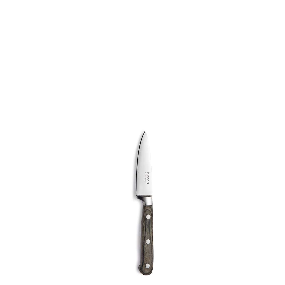 Ein Kuppels ZORRO Messerblock 5-teiliges Küchenmesser mit dunklem Kautschukholzgriff und drei Metallnieten aus feinem MOV-Klingenstahl ist zentriert auf einem schlichten weißen Hintergrund abgebildet.