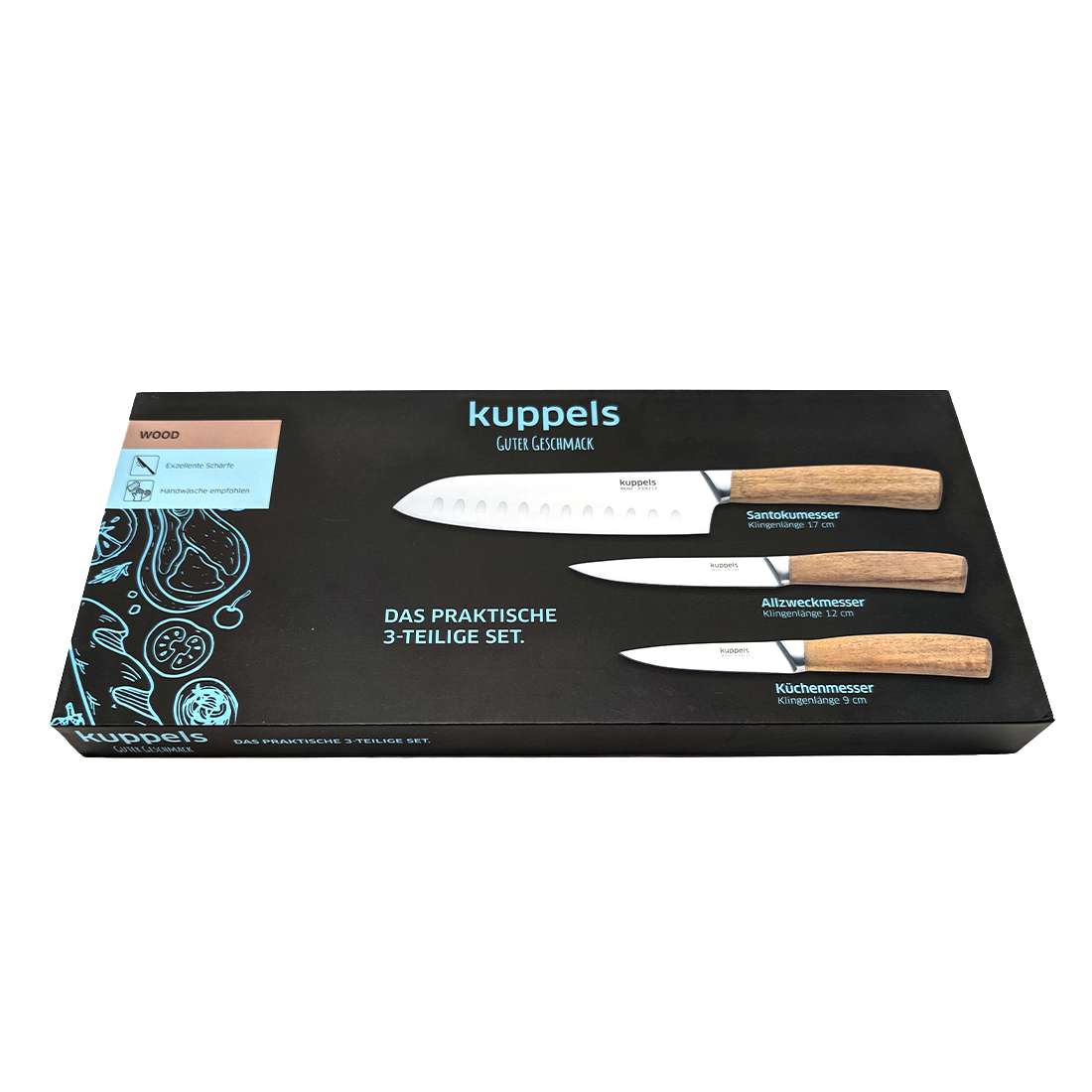 Eine schwarze Schachtel mit der Aufschrift Kuppels zeigt das WOOD Küchenmesser Set 3-teilig mit Klingen aus Klingenstahl und Griffen aus Akazienholz, horizontal angeordnet. Die deutsche Verpackung enthält Produktinformationen und blaue Design-Akzente.