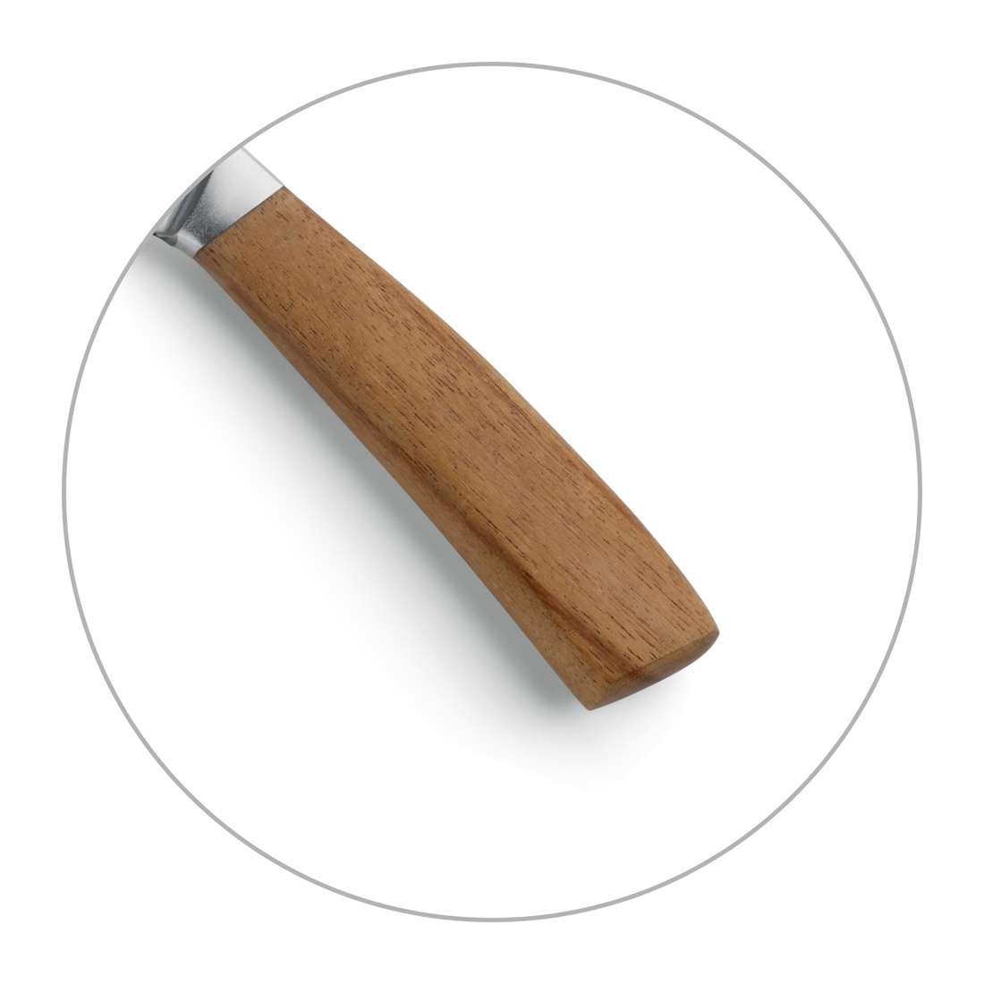 Nahaufnahme des Kuppels WOOD Kochmessers 8" mit Akazienholzgriff, teilweise sichtbar innerhalb eines runden Rahmens auf weißem Hintergrund.