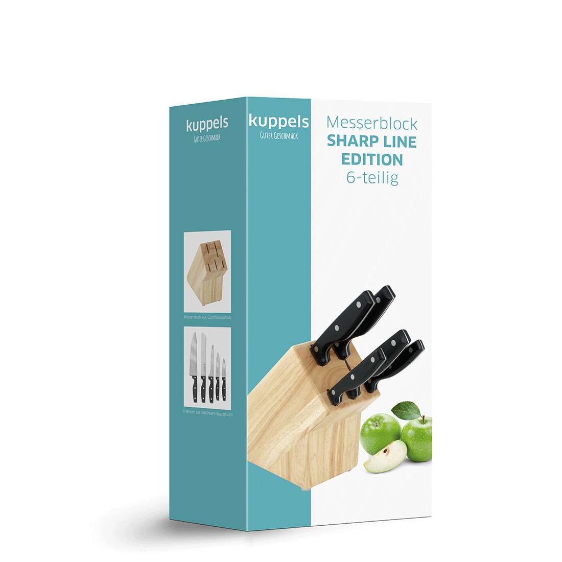 Die Verpackung für das Kuppels SHARP LINE EDITION Messerblock 5-teilig Set zeigt einen Kautschukholzblock mit fünf Messern und grünen Äpfeln auf weißem und blaugrünem Hintergrund sowie Produktbilder und Text.