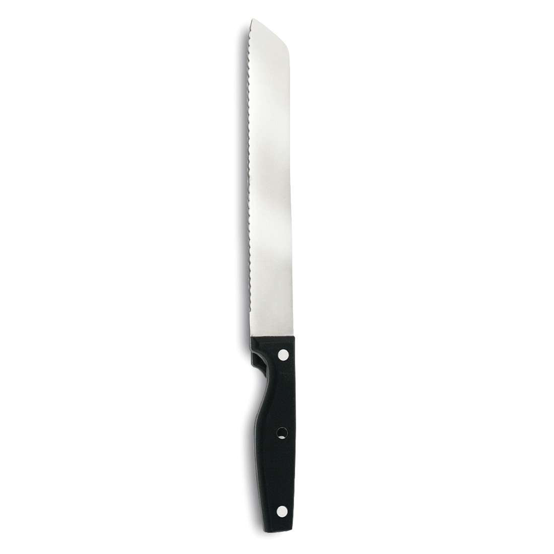 Auf weißem Untergrund ist ein langes, gezacktes Küchenmesser mit silberner Klinge und schwarzem Griff abgebildet, perfekt für Brot und eine ideale Ergänzung zum Kuppels SHARP LINE EDITION Messerblock 5-teilig Set.