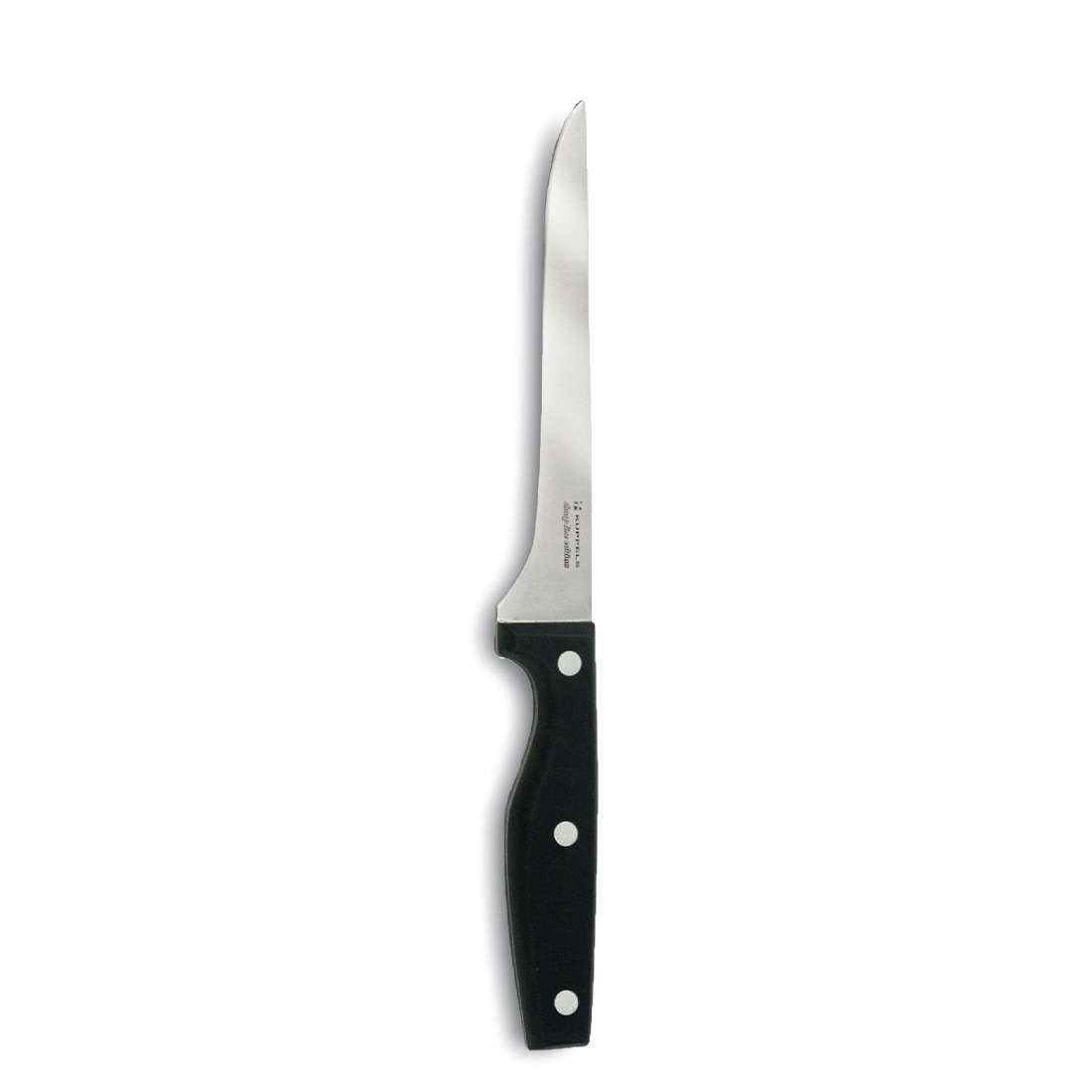 Der SHARP LINE EDITION Messerblock 5-teilig von Kuppels ist ein Ausbeinmesser mit schmaler, scharfer Edelstahlklinge und schwarzem, dreifach vernietetem Griff – ideal für jede Küchenmesser-Sammlung oder zur Aufbewahrung im Messerblock. Abgebildet auf weißem Hintergrund.