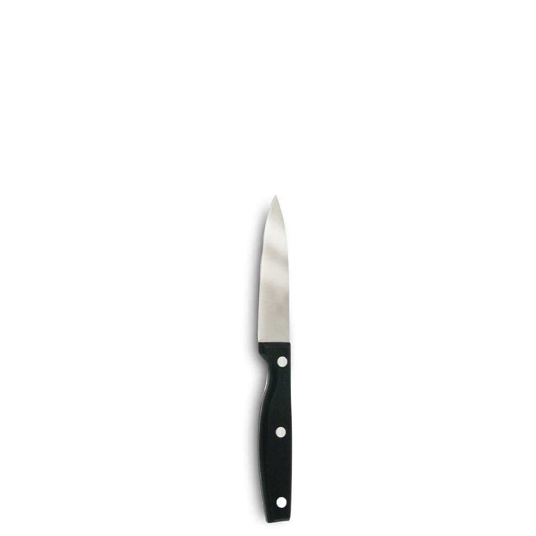 Ein kompaktes Küchenmesser mit glänzend silberner Klinge und schwarzem, dreifach vernietetem Griff, aufrecht auf weißem Grund abgebildet – ideal für Ihren Kuppels SHARP LINE EDITION Messerblock 5-teilig oder zur Kombination mit anderen Kuppels Küchenaccessoires.