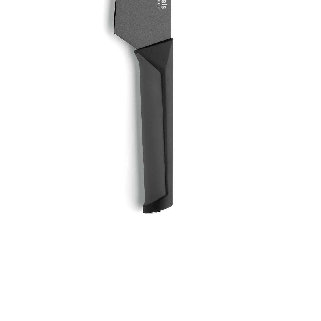 Eine Nahaufnahme des Kuppels BLACK Kochmesser 8" zeigt seinen schwarzen Griff und einen Teil der schwarzen Klinge vor einem weißen Hintergrund.