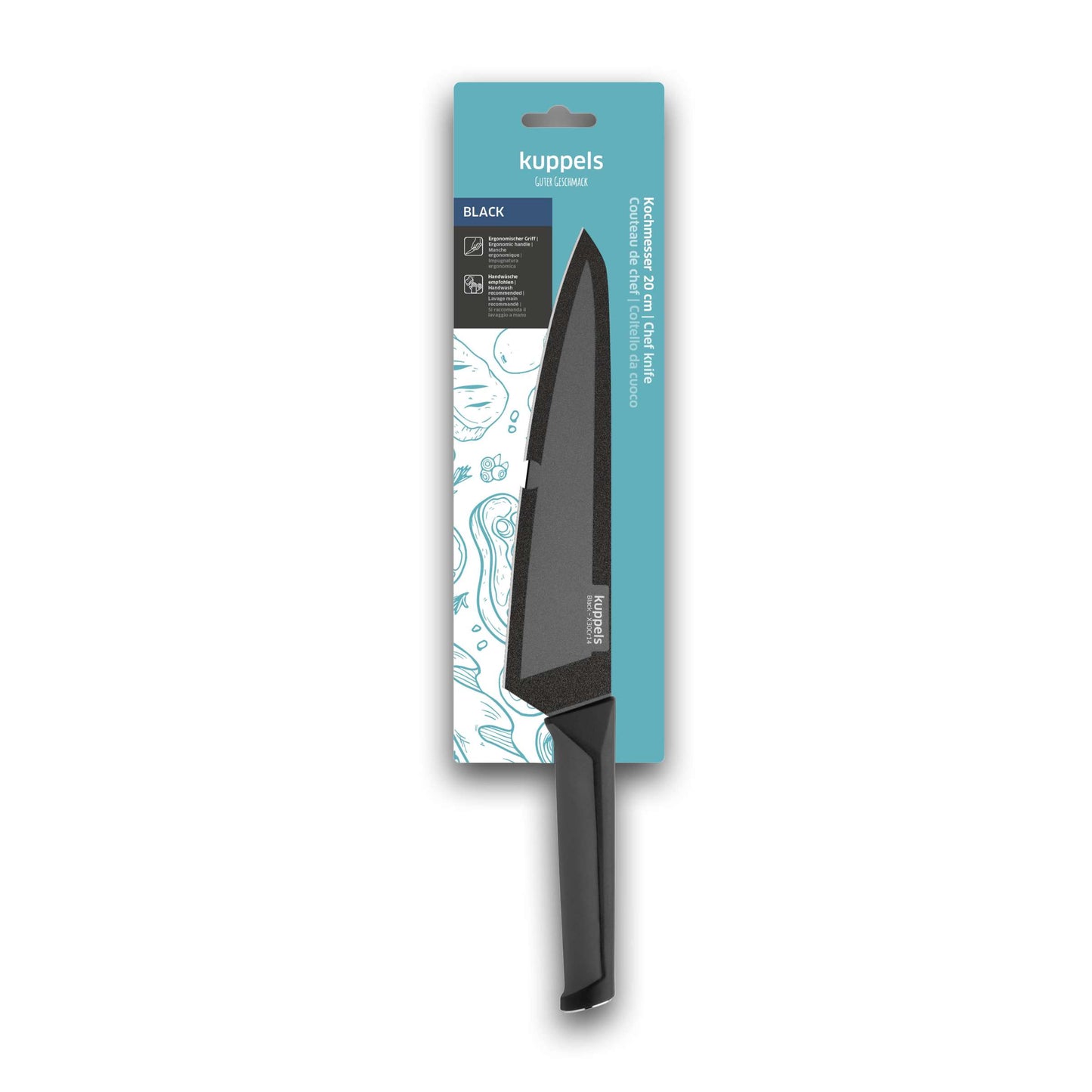 Das BLACK Kochmesser von Kuppels wird in einer eleganten Verpackung mit türkisfarbenem und weißem Hintergrund geliefert, die mit Küchenmotiven und dem Kuppels-Logo verziert ist. Der schwarze Griff und die schwarze Klinge verleihen diesem Küchenmesser einen modernen, stilvollen Look.