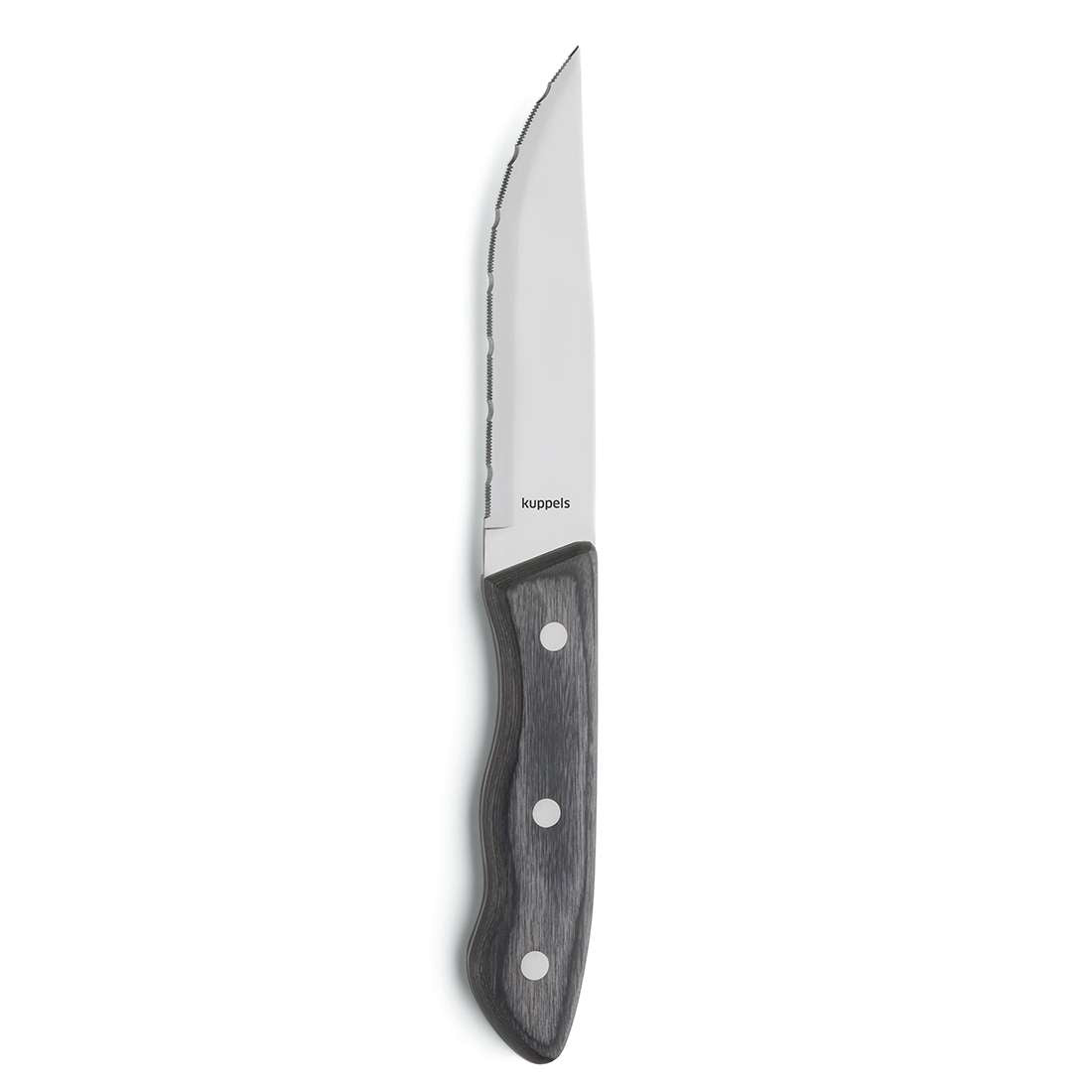 Ein Kuppels SELECTION Steakmesser-Set 3-teilig schwarz mit einer gezackten silbernen Klingenstahlklinge und einem schwarzen Pakkaholzgriff, versehen mit drei Metallnieten, ist von oben auf weißem Hintergrund abgebildet.