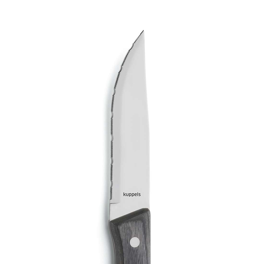Eine Nahaufnahme eines Kuppels SELECTION Steakmesser-Sets 3-teilig schwarz mit gezackter Klinge und dunklem Griff vor weißem Hintergrund.