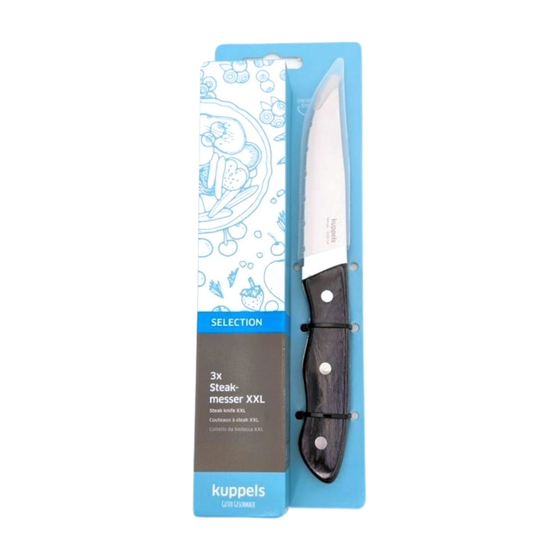 Ein verpacktes Kuppels SELECTION Steakmesser Set 3-teilig schwarz besteht aus Steakmessern mit schwarzen Griffen und drei Nieten, Wellenschliffklingen und wird in einer blau-weißen Box mit der Aufschrift 3x Steakmesser XXL und Lebensmittelabbildungen geliefert.