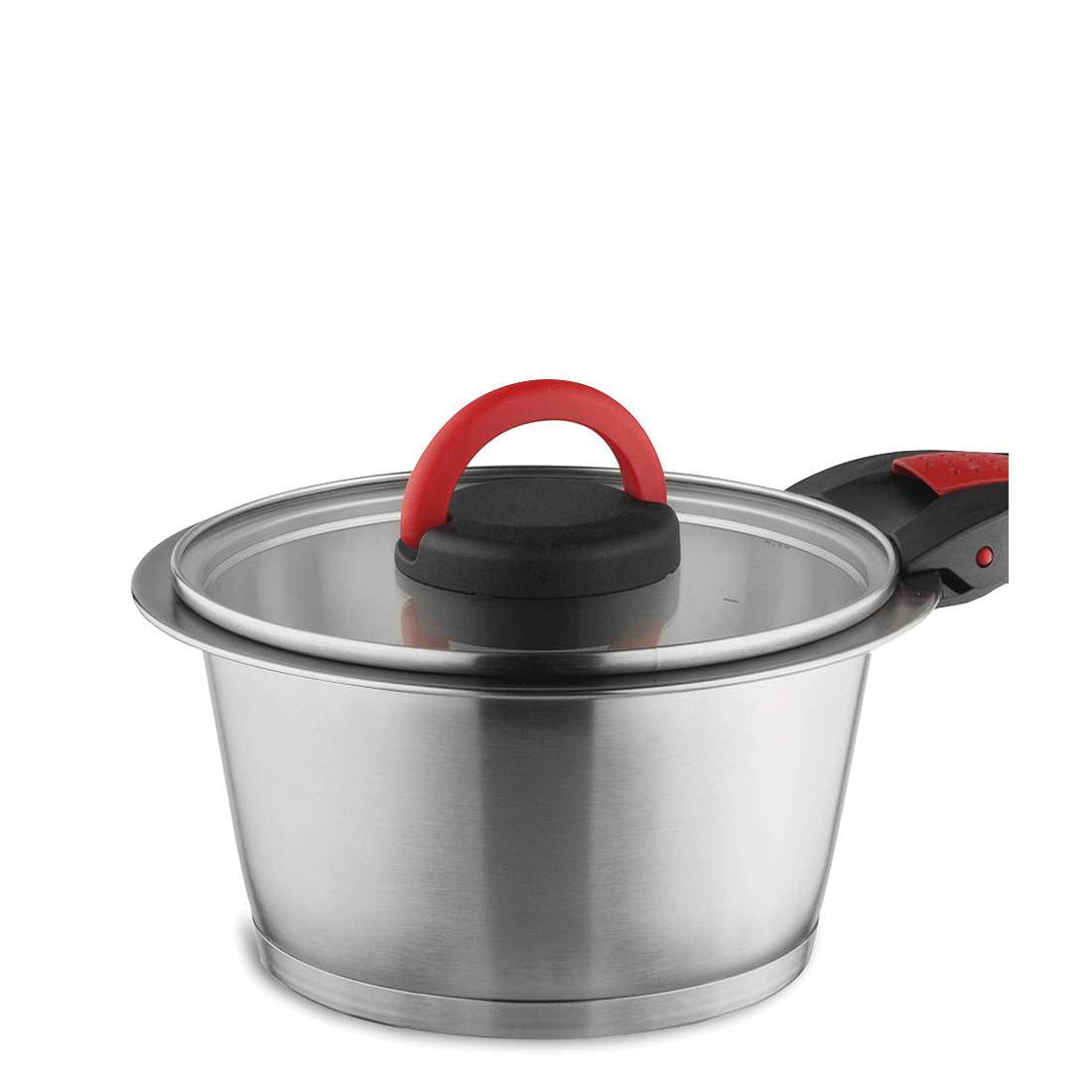 Der Kuppels QUICK CLACK PRO Topf 18 cm ist ein Edelstahltopf mit Glasdeckel, schwarzem Griff mit rotem Akzent, weiter Öffnung, stabilem Boden und ist für Induktionsherde geeignet.