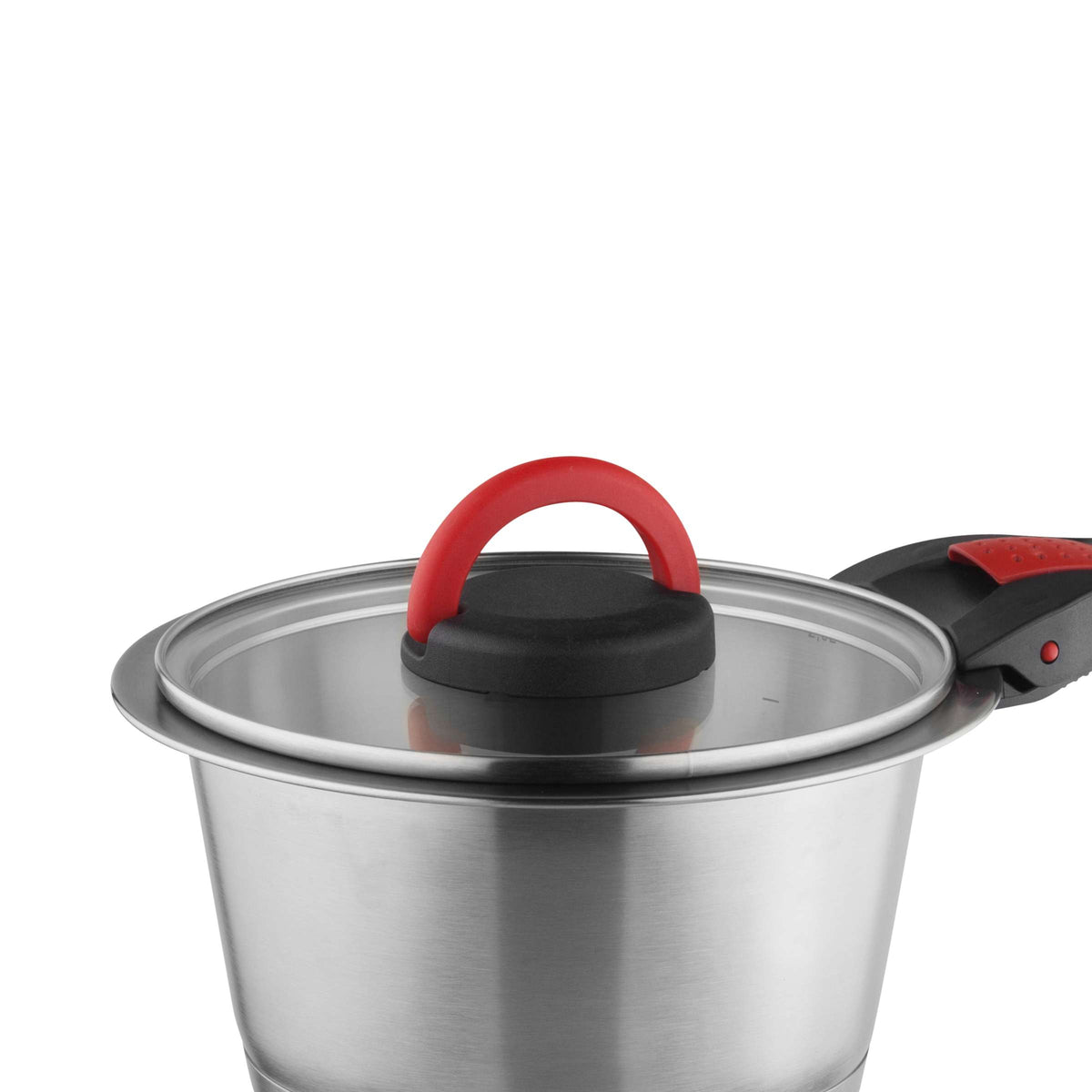 Wir stellen vor: den QUICK CLACK PRO Glasdeckel 18 cm von Kuppels – einen Edelstahltopf mit Glasdeckel und einem schwarz-roten Griff. Dieser Topf ist mit einem einzigartigen klappbaren Deckelhalter ausgestattet und verfügt über den innovativen QUICK CLACK PRO-Mechanismus, der sowohl Stil als auch Funktionalität gewährleistet. Der Hintergrund ist weiß.