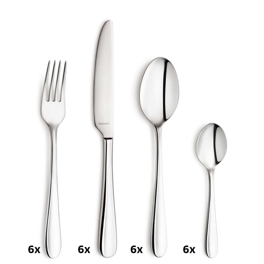 Vier Besteckteile – eine Gabel, ein Messer, ein Esslöffel und ein Teelöffel – sind vertikal angeordnet und jeweils mit „6x“ beschriftet, was darauf hinweist, dass das Set jeweils sechs Exemplare jedes Besteckteils enthält, also insgesamt 24 Teile. Das Kuppels TRIVO Besteckset 24-teilig zeichnet sich durch eine elegante, spiegelnde Oberfläche aus und ist aus hochwertigem Edelstahl 18/10 gefertigt. Alle Teile sind spülmaschinenfest und lassen sich somit bequem reinigen.