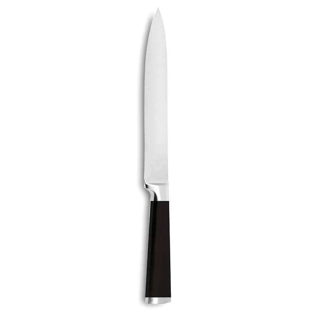 Der Kuppels TOUCH Messerblock 5-teilig besteht aus einem scharfen Küchenmesser mit einer langen, schmalen Edelstahlklinge und einem schwarzen Griff, der vertikal vor einem schlichten weißen Hintergrund dargestellt ist.