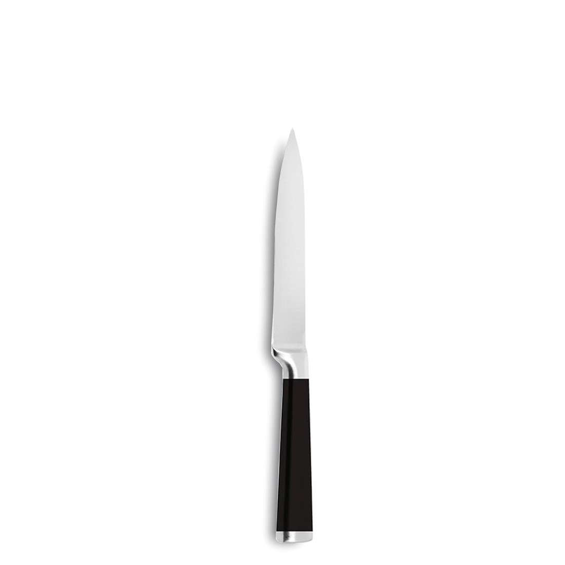 Ein einzelnes Kuppels TOUCH Messerblock 5-teilig Messer mit glänzender Edelstahlklinge und schwarzem Griff, vertikal positioniert auf weißem Hintergrund.