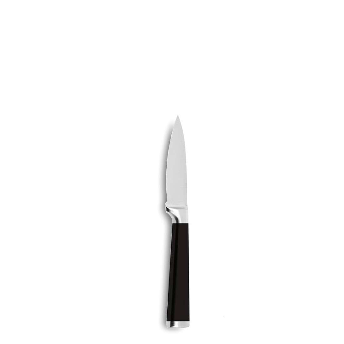 Ein einzelnes Schälmesser aus dem Kuppels TOUCH Messerblock 5-teilig, mit silberner Edelstahlklinge und schwarzem Griff, ist zentriert vor einem schlichten weißen Hintergrund.