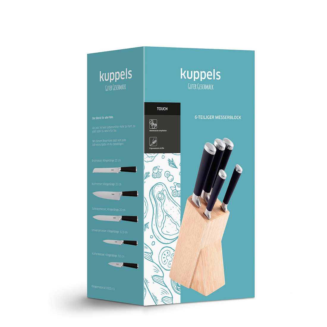 Die Verpackung von Kuppels TOUCH Messerblock 5-teilig zeigt Küchenmesser mit schwarzem Griff in einem Holzblock, die auf einer blaugrünen und weißen Schachtel mit Produktangaben und Abbildungen abgebildet sind.