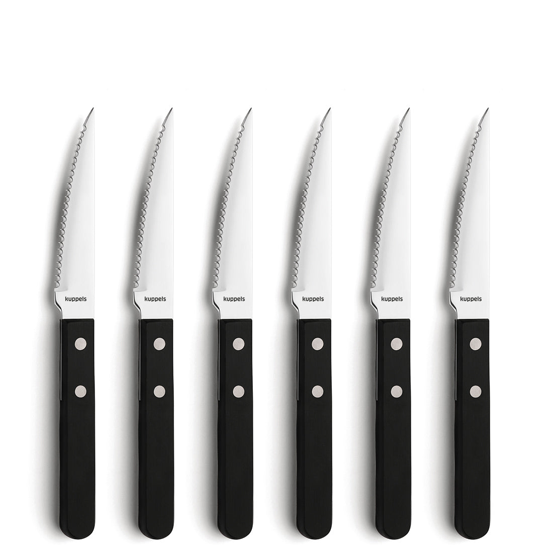 Sechs identische Kuppels FILET Steakmesser Set 6-teilig schwarz Messer, jeweils mit scharfer Klinge und robustem schwarzen Griff mit silbernen Nieten, sind in einer Reihe vor weißem Hintergrund angeordnet.