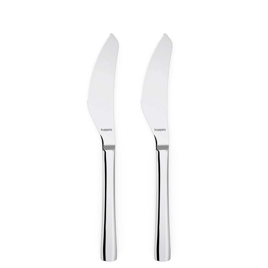 Zwei SELECTION Pizzamesser von Kuppels, jeweils mit gehärtetem Klingenstahl und Wellenschliff mit der Gravur „Kuppel“, stehen nebeneinander auf weißem Grund. (Das Set enthält 2 Pizzamesser aus Edelstahl.).