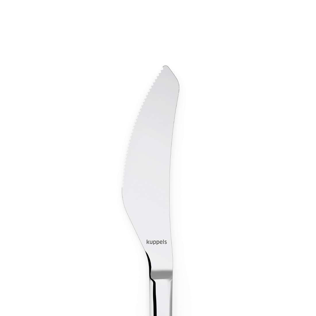 Das Kuppels SELECTION Pizzamesser-Set 2-teilig besteht aus Edelstahlmessern mit Edelstahlgriffen, gezackten Kanten aus gehärtetem Klingenstahl und auf der Klinge eingraviertem „Kuppels“, dargestellt auf weißem Hintergrund.