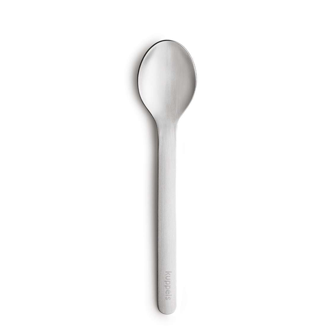 Auf weißem Untergrund ist ein schlichter Edelstahllöffel aus dem Kuppels 2GO Besteckset 4-teilig mint abgebildet. Der Griff ist gebürstet und eignet sich ideal als nachhaltiges Besteck für unterwegs.