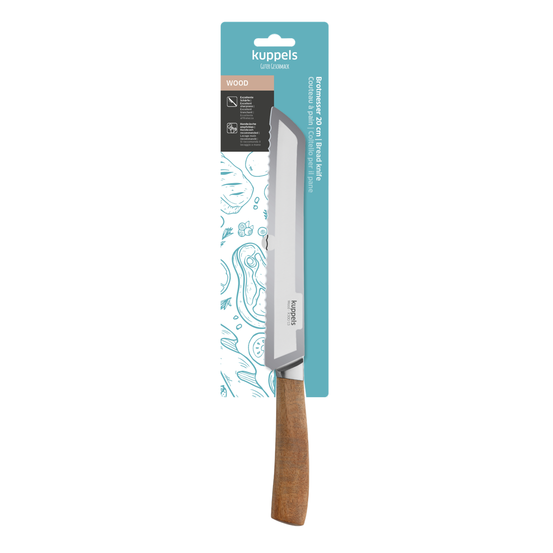 Das WOOD Brotmesser von Kuppels, mit Wellenschliff und Akazienholzgriff, ist in einer blau-weißen Verpackung mit Lebensmittelabbildungen mit der Aufschrift Kuppels Ultra Prime abgebildet.