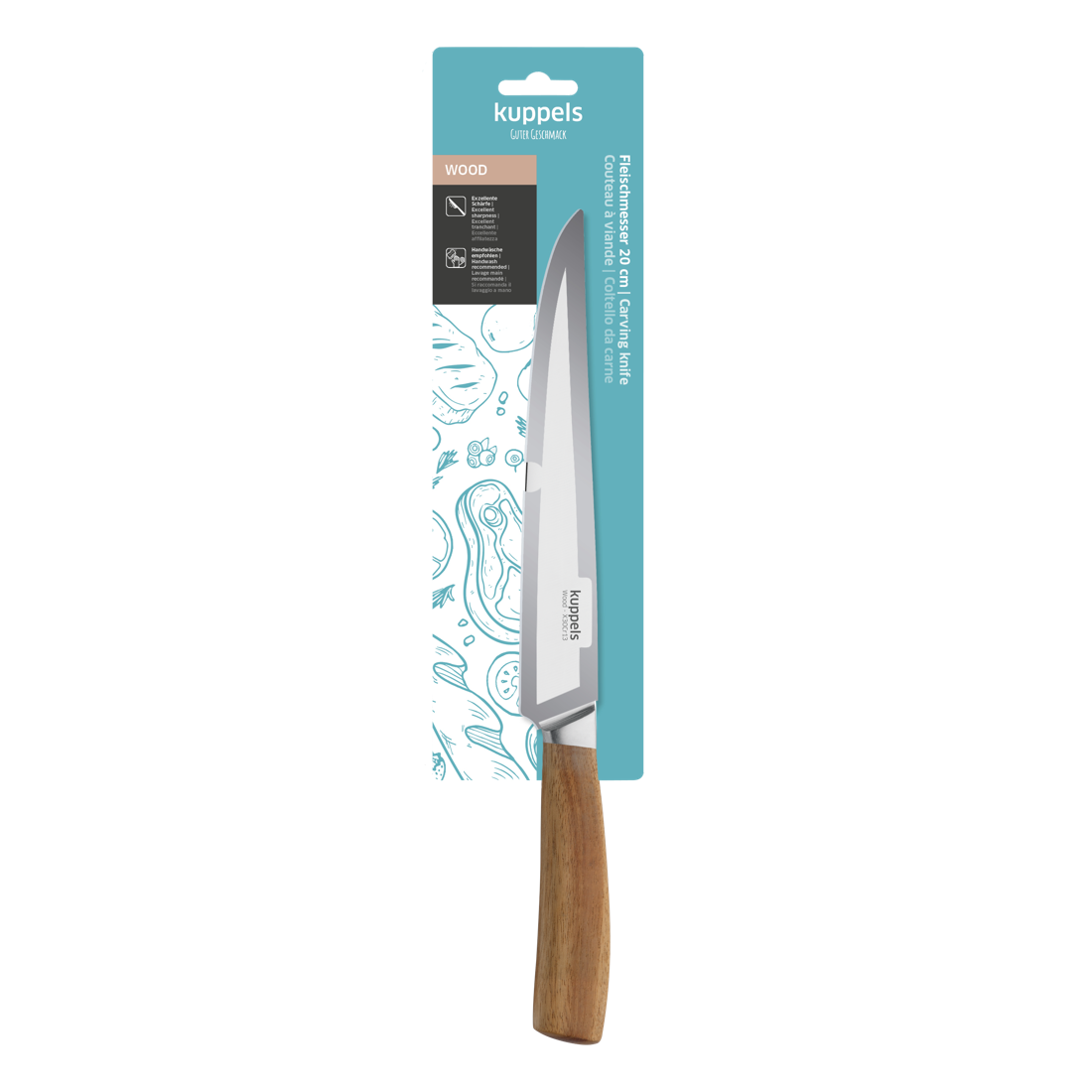 Ein Kuppels WOOD Tranchiermesser mit Akazienholzgriff, abgebildet in seiner Verpackung mit blau-weißen Abbildungen und Produktinformationen.