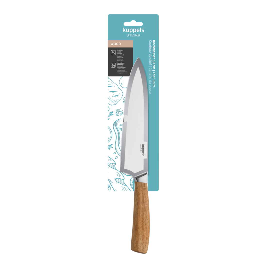 Das WOOD Kochmesser 8" von Kuppels mit Akazienholzgriff und Chrom-Vanadium-Stahlklinge wird in der blau-weißen Original-Küchenbox präsentiert, die die außergewöhnliche Qualität des Messers unterstreicht.