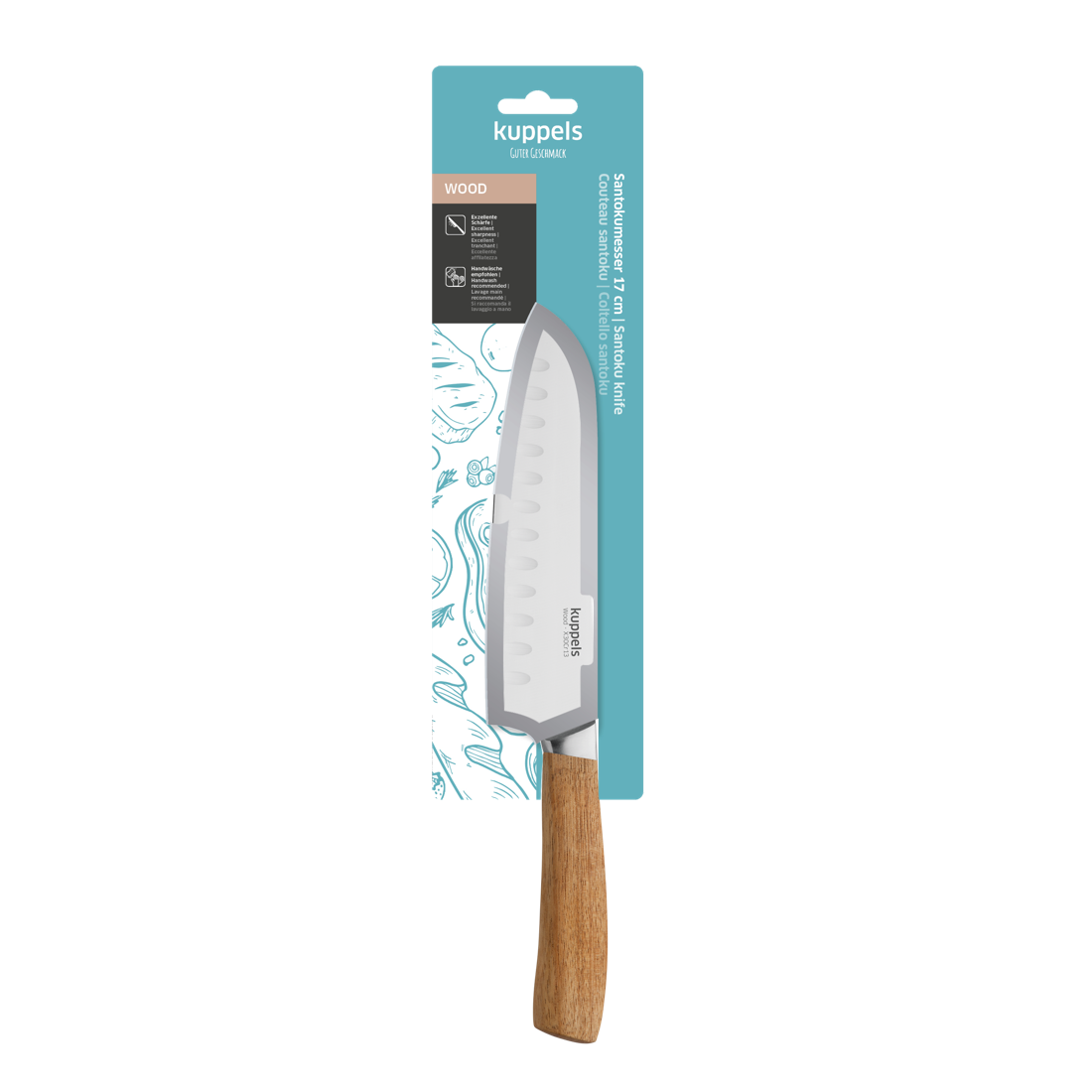 Das Kuppels WOOD Santokumesser 7" mit scharfer Klinge und edlem Akazienholzgriff liegt in einer Verpackung mit blauem Etikett und Illustrationen, die Klinge ist durch ein klares Sichtfenster teilweise sichtbar.