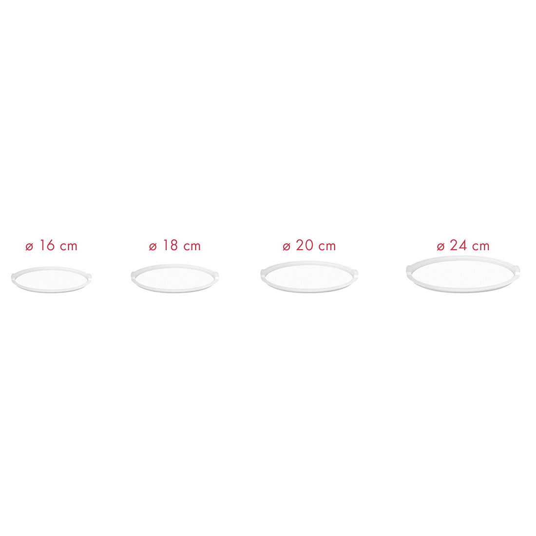 Vier ovale Glasbackformen, jeweils rot beschriftet – 16 cm, 18 cm, 20 cm und 24 cm – werden mit transparenten KUPPELS QUICK CLACK PRO Frischhaltedeckeln 18 cm vor weißem Hintergrund präsentiert.