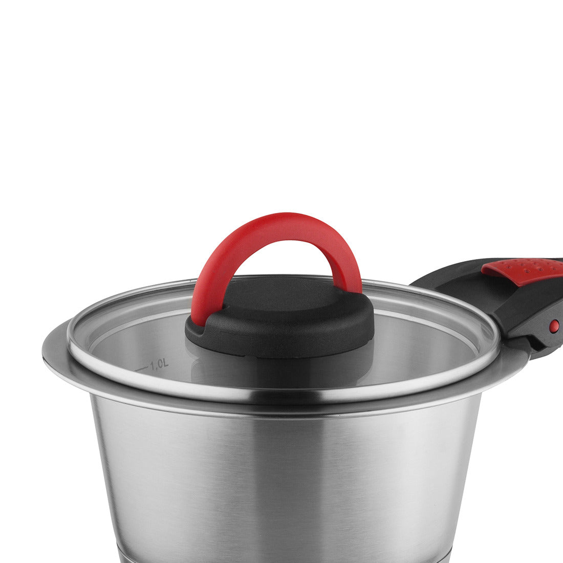 Der KUPPELS QUICK CLACK PRO Glasdeckel 18 cm silber verfügt über einen Edelstahlrand und schwarz-rote Griffe an Deckel und Seiten. Sein modernes, glattes Metallic-Finish verleiht Ihrer Kochgeschirrsammlung Stil.