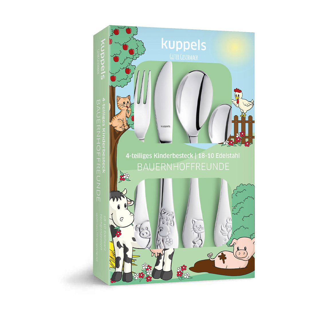 Verpackung des Bauernhoffreunde Kinderbesteck Sets, 4-teilig – Geschenkverpackung mit bunten Bauernhof-Illustrationen